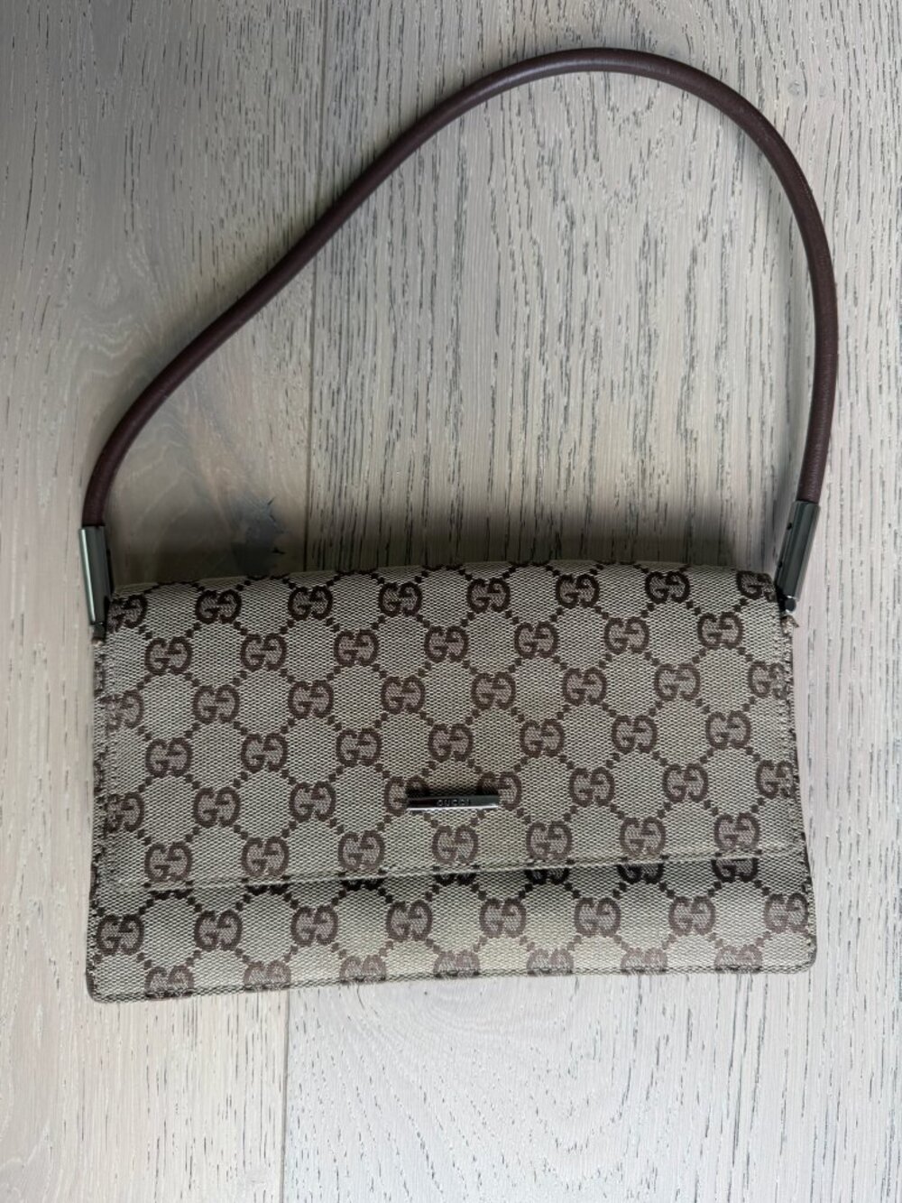 RARE Vintage Gucci GG Canvas Metal Handle Flap Pochette Bag (001 3815)